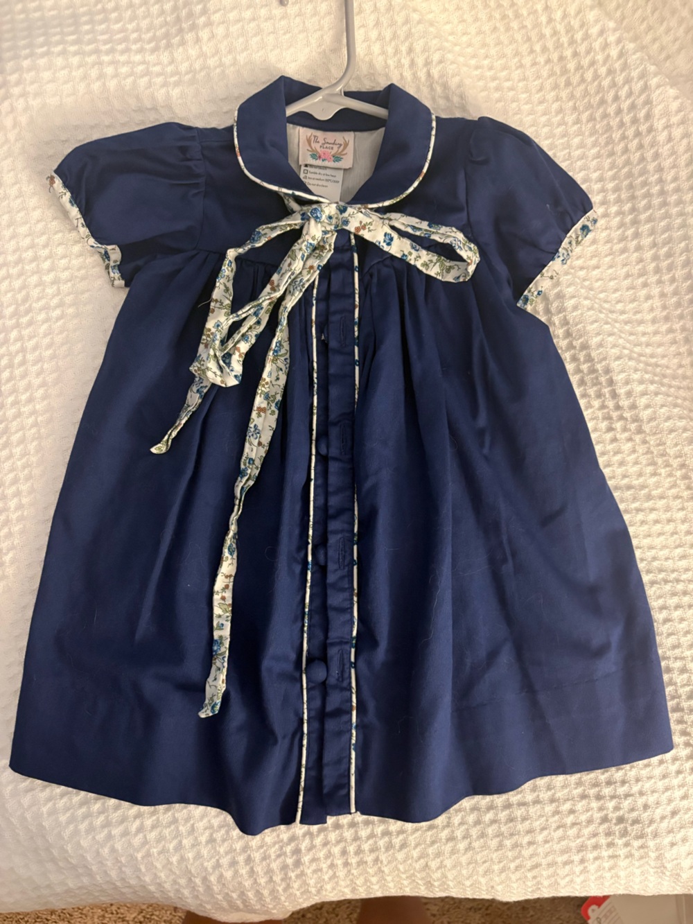 Classic Navy Blue Girls' Floral-Trim Dress with Bow